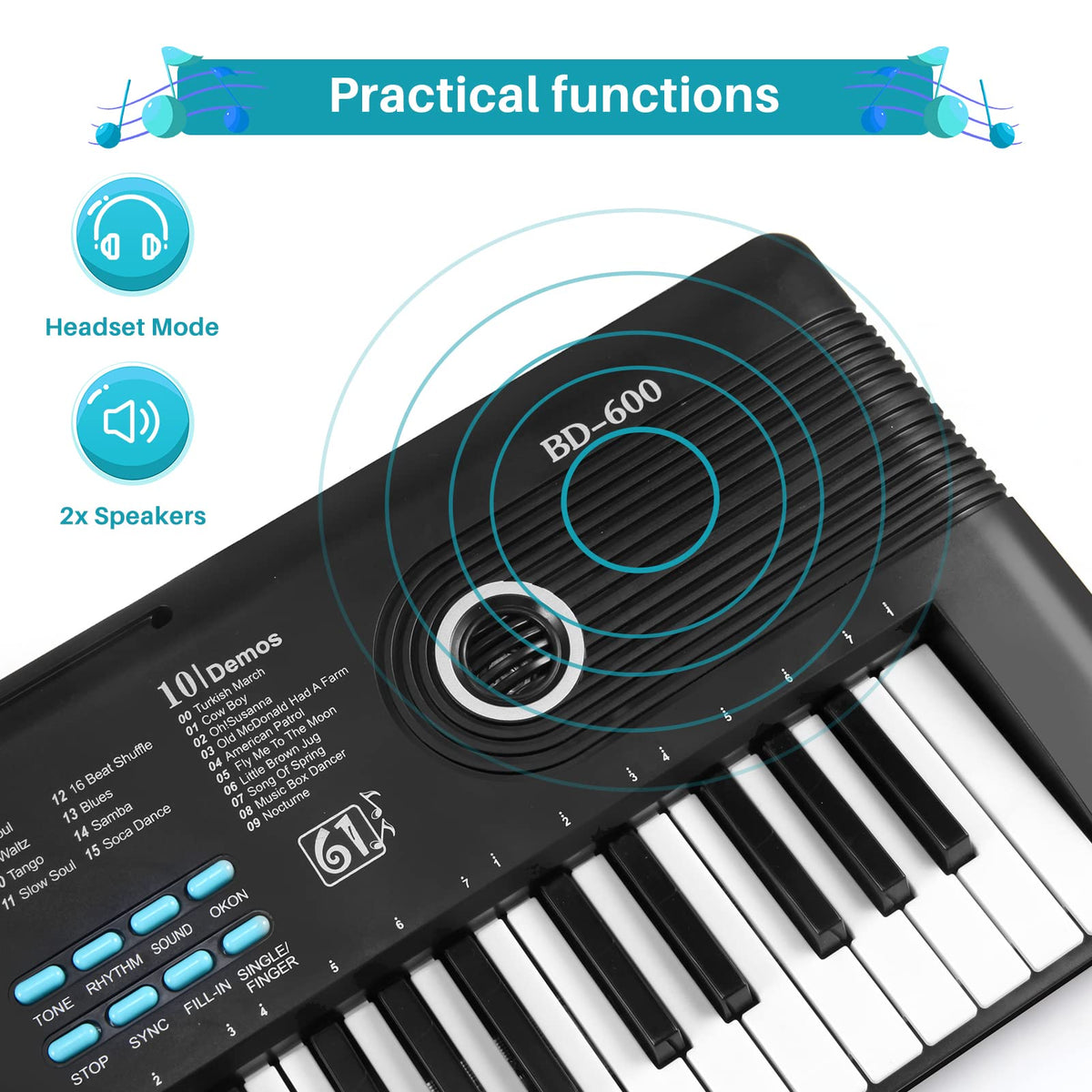 61 key keyboard Piano,Portable Electronic Digital Piano,Built In Dual Speakers,External Microphone,Power Plug,Rich Teaching Content,Multi-Functional Electronic Piano Suitable For Beginners