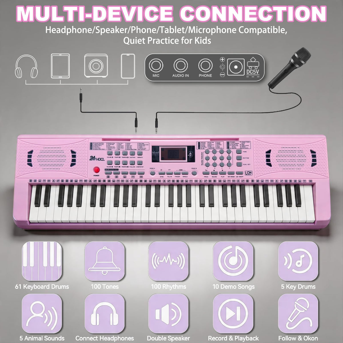 Kids Keyboard Piano, 61 Key Electronic Piano (Pink)
