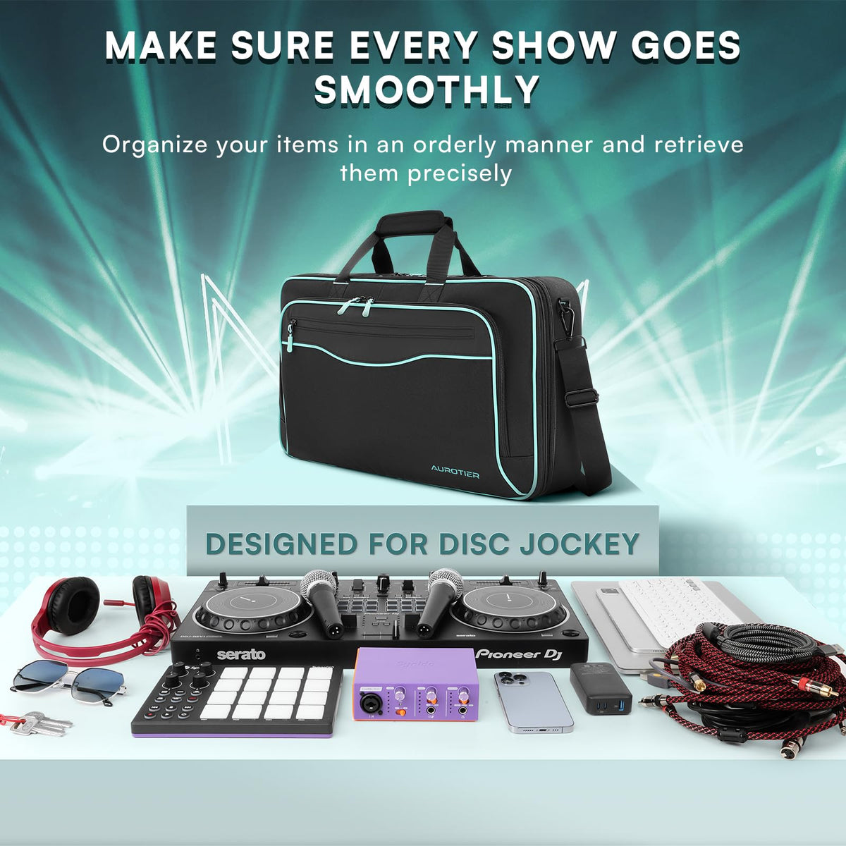 AUROTIER DJ Bag for DDJ-FLX4/DDJ 200/DDJ 400/DDJ REV1, Padded DJ Controller Crossbody Bag with 4 Pockets for 17.3 Inch Laptop, Cables, DJ Mixer Case with Adjustable Shoulder Strap for DJ Equipment