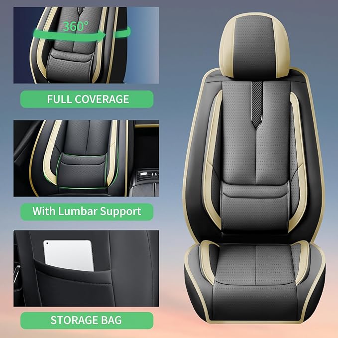 Fit Honda Fit Car Seat Covers for Honda Fit 2007-2019 2020-Upgraded Premium Waterproof & Breathable Leather,Airbag Compatible,All-Weather Seat Cushion Protector,Full Set,Black-Beige