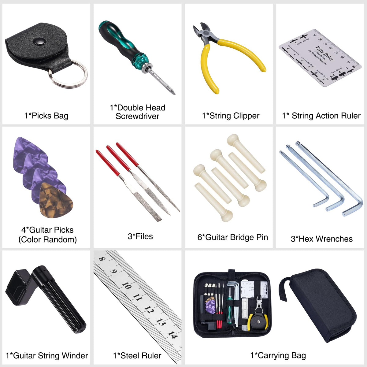 LEKATO 11Pcs Guitar Tool Kit, Guitar Repair Kit, Guitar Maintenance Kit, Guitar String Winder, Hex Wrenches, String Clipper for Acoustic Guitar Electric Guitar Ukulele Bass Banjo