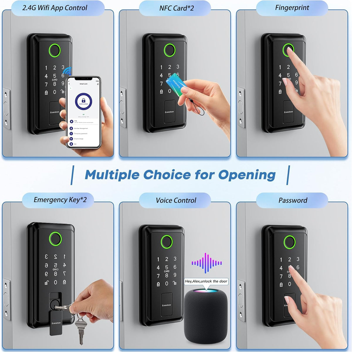 Evanshow Keypad Door Lock with Handle, Electronic Digital Keypad Deadbolt with App, Keyless Entry Fingerprint Lock Auto Lock & One Touch Locking, Front Smart Door Handle Sets