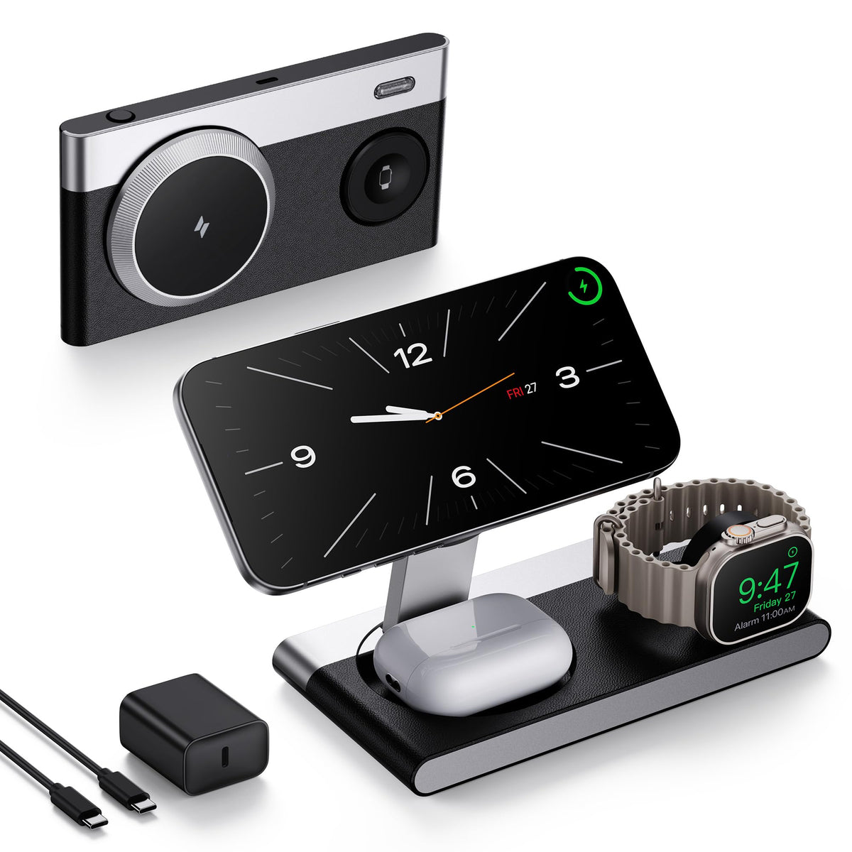 3 in 1 Magnetic Wireless Charging Station for Apple Devices,Foldable Wireless Charger Stand for Magsafe iPhone 17 Air 16/15/14/13/12,Apple Watch,AirPod,Wireless Charger Dock with Night Light