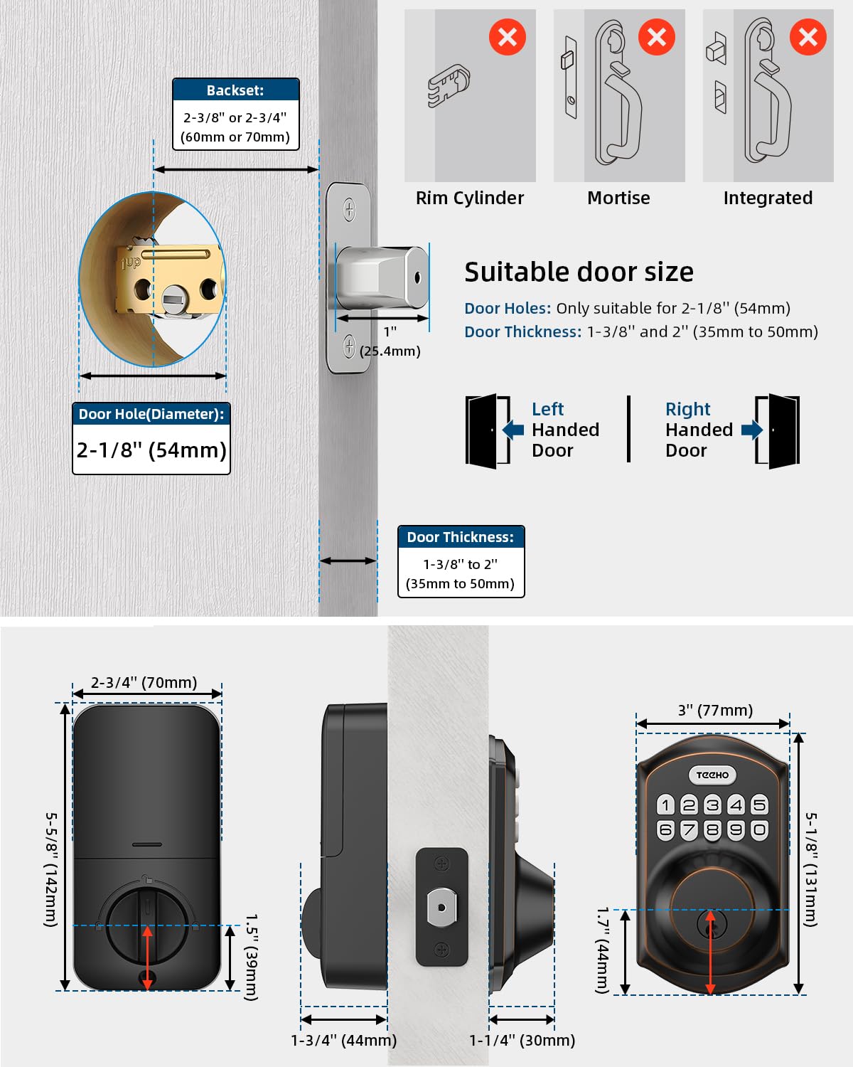 TEEHO TE001 Keyless Entry Deadbolt with Keypad for Front Door, Bronze