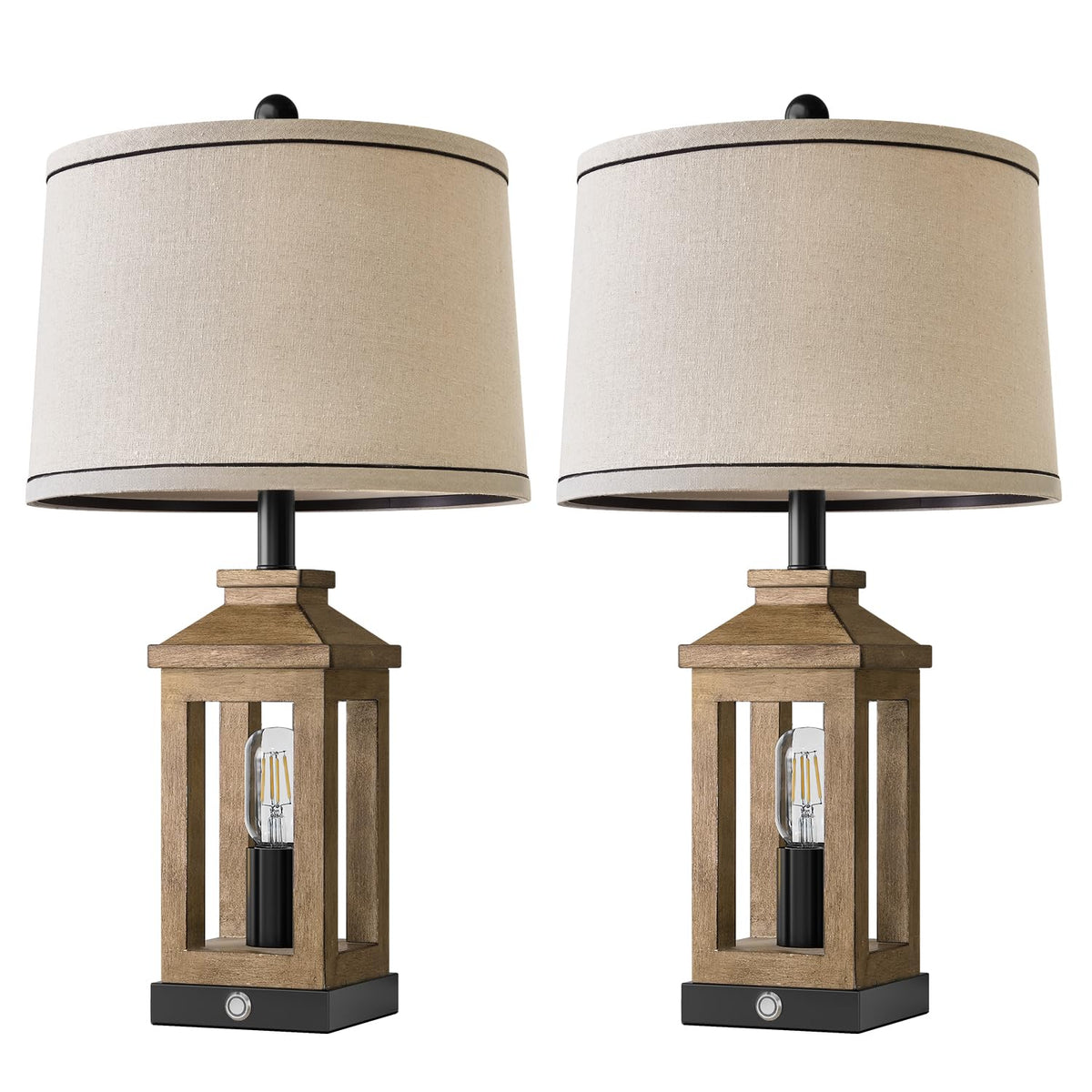 BOBOMOMO 23.75" Natural Wood Farmhouse Table Lamps Set of 2 – Retro Nightstand Lamps with 3 Way Dimmable Touch Control Night Light & USB A+C Ports, Rustic Lamps for Living Room, Bedroom, Entryway