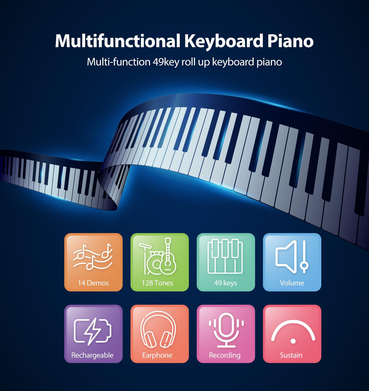 MARVTOWN 49Key Roll Up Digital Piano Keyboard,Portable Foldable Electronic Piano with speaker,earphones,8 Tones,6 Demo Songs,Rechargeable Flexible musical keyboard for Beginners&Kids(Black&White)