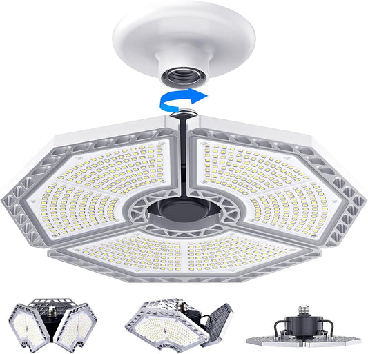 KERNOWO LED Garage Lights, 140W 18500 Lumens Garage Lighting, 6000K Daylight with Deformable Three Panel Ceiling Light Fixture E26/E27 Triple Glow LED Shop Light for Basement Workshop Warehouse