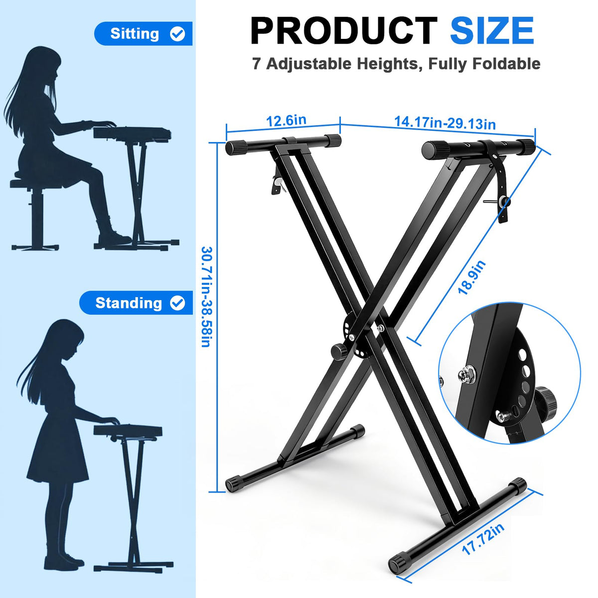 Double-X Keyboard Stand,7 Adjustable Heights Piano Stand with Locking Straps, Heavy Duty Piano Keyboard Stand Fits for 54，61，88 Key Digital Pianos