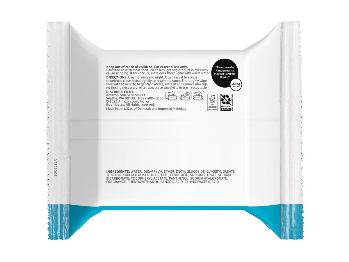 Amazon Basics Makeup Remover Wipes, Gentle Cleansing, Dermatologist Tested, Hydrating with Hyaluronic Acid, Plant-Based, Alcohol-Free, Removes Waterproof Mascara, No-Rinse Formula, 25 Count, 6-Pack