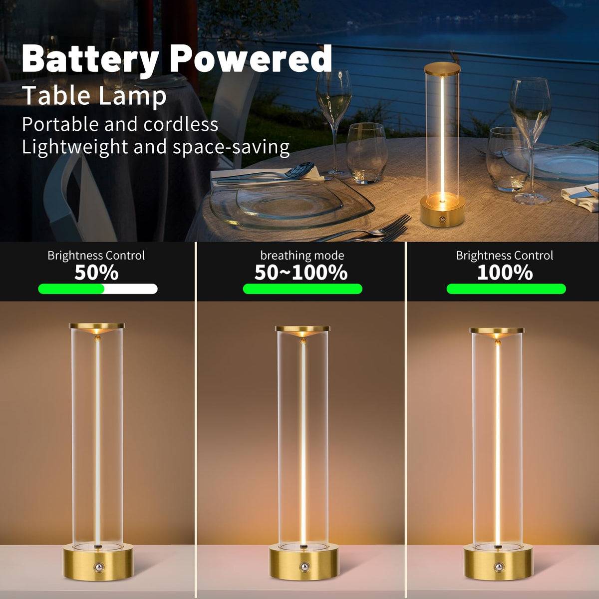 Mini Minimalist Tabe Lamp with Breathing Effect, Cordless LED Desk Lamp Rechargeable Modern Night Lights Portable Lamp for Gaming, Home Office, Bedroom, Living Room, Kitchen, Bar, Restaurant (Gold)