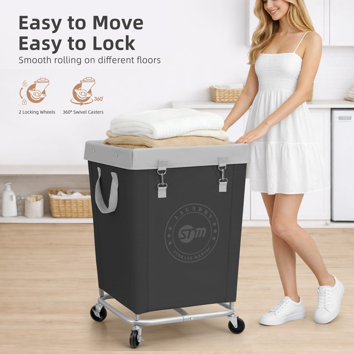 STORAGE MANIAC Commercial Laundry Hamper with Heavy Duty Steel Frame, 160 L Industrial Laundry Basket Cart with Wheels for Hotel, Home, Laundry Room, 17.72''L x 17.72''W x 30.91''H, Medium Black