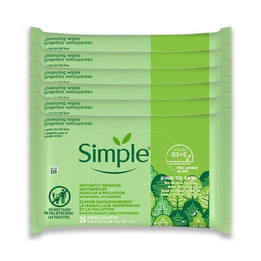 Simple Kind to Skin Facial Wipes for Women, Gentle Cleansing, 6 Pack Set