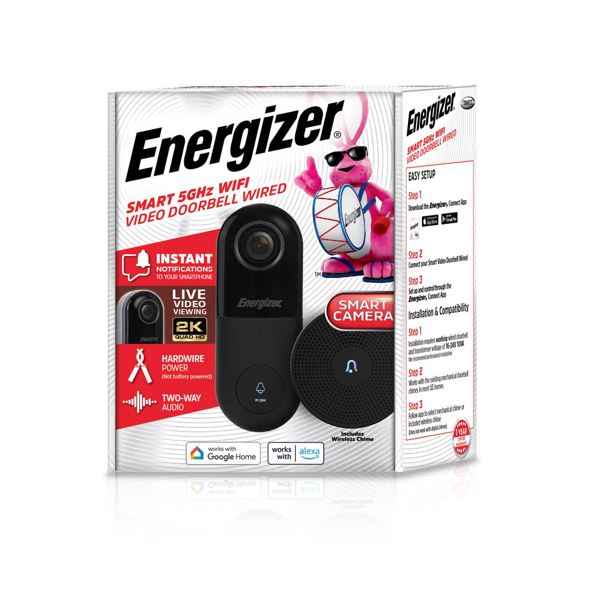 Energizer Smart 2K Doorbell & Chime, Wired Video Doorbell Security Camera, 2-Way Audio, Night Vision, Cloud & Micro SD Storage, Remote Access App, Motion Sensor, Live Viewing, Requires Existing Wires