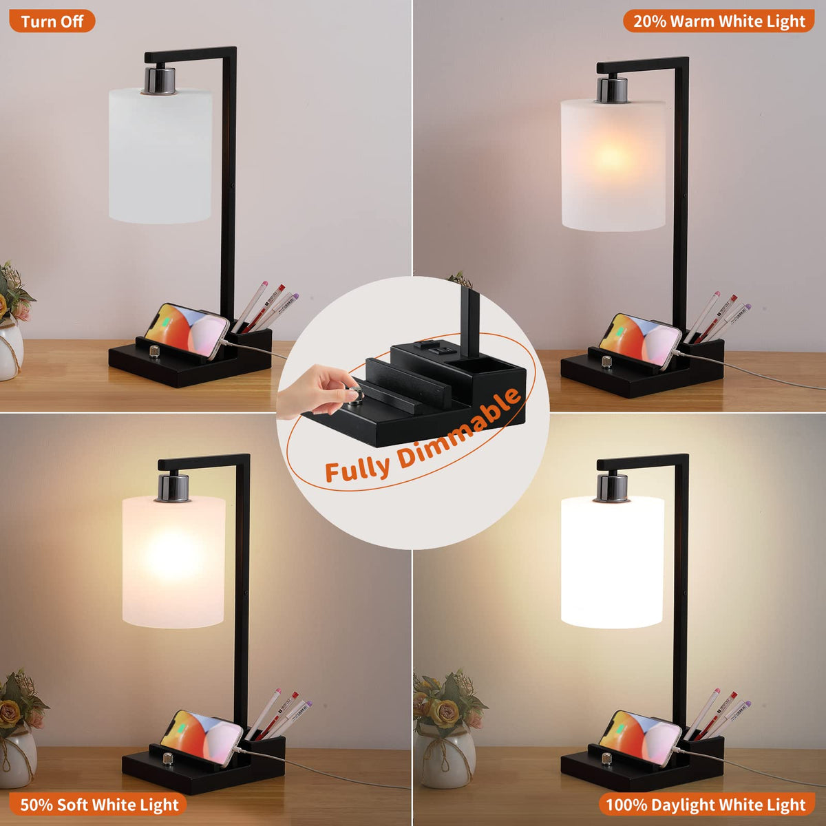 Bedroom Lamps for Nightstand, 3 Color Temperature Nightstand Lamp Bedside Lamps with Dual USB Ports and Outlet, Modern Table Lamp Built-in Pen Holder & Phone Stands, Energy Saving LED Bulb Included