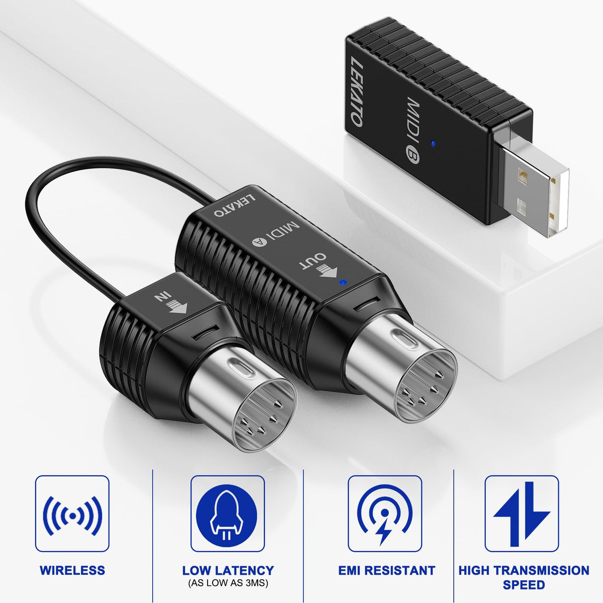 LEKATO Wireless MIDI Adapter, Bluetooth MIDI Adapter 5-PIN DIN with USB, Low Latency Rechargeable for Synthesizer, Digital Piano Keyboard to Mac OS/iOS/Windows