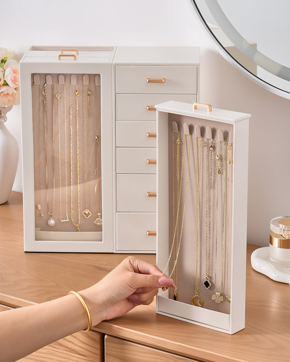 Lolalet Large Jewelry Box Organizer for Women, PU Leather Jewelry Case with Necklace Holder & Multiple Drawers, Tabletop Dresser Storage for Earrings Rings Chains, Gift for Girls -M, Beige