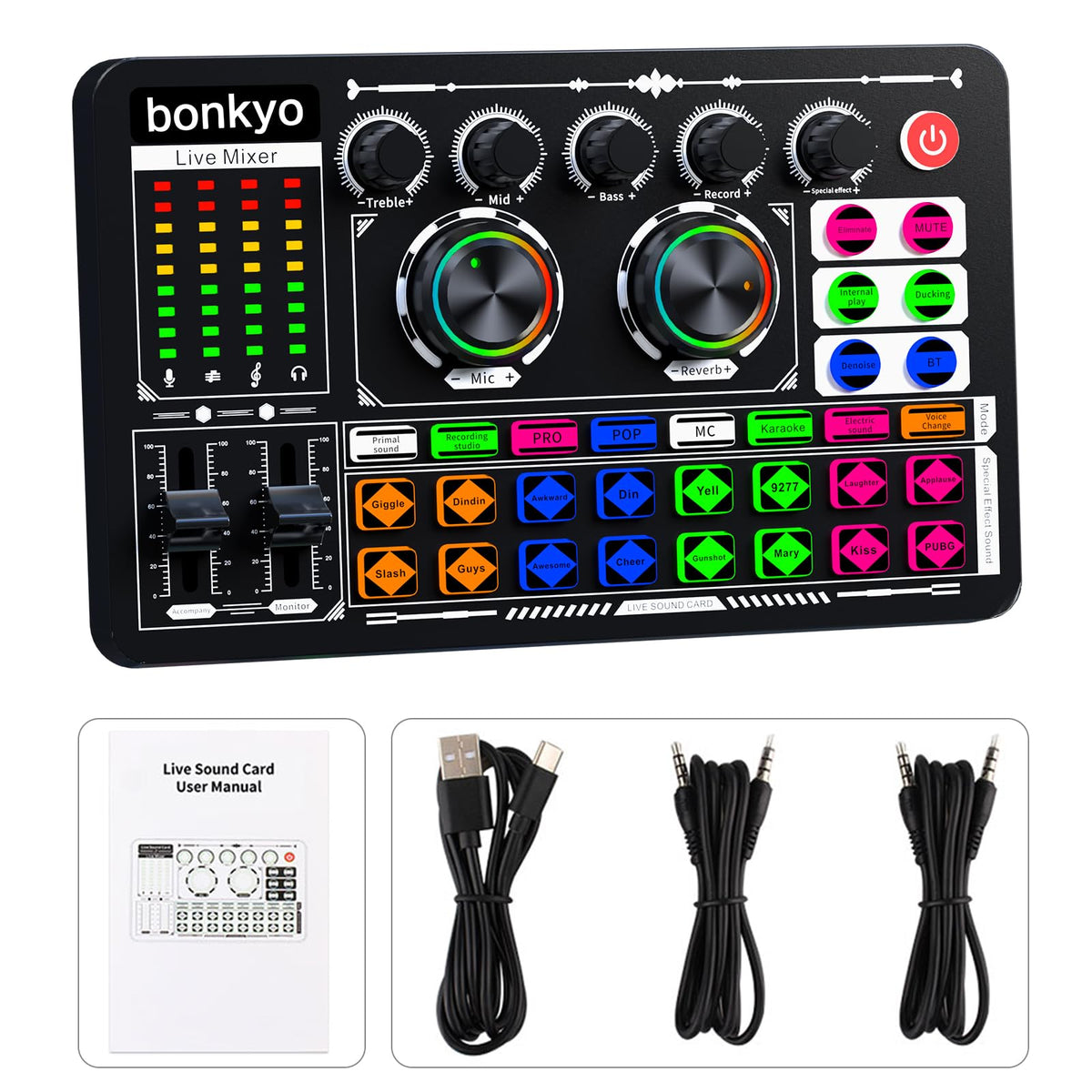 Bonkyo Professional Audio Mixer, F999 Live Sound Card With Dj Mixer For Streaming/Podcasting/Gaming, Professional Studio Equipment