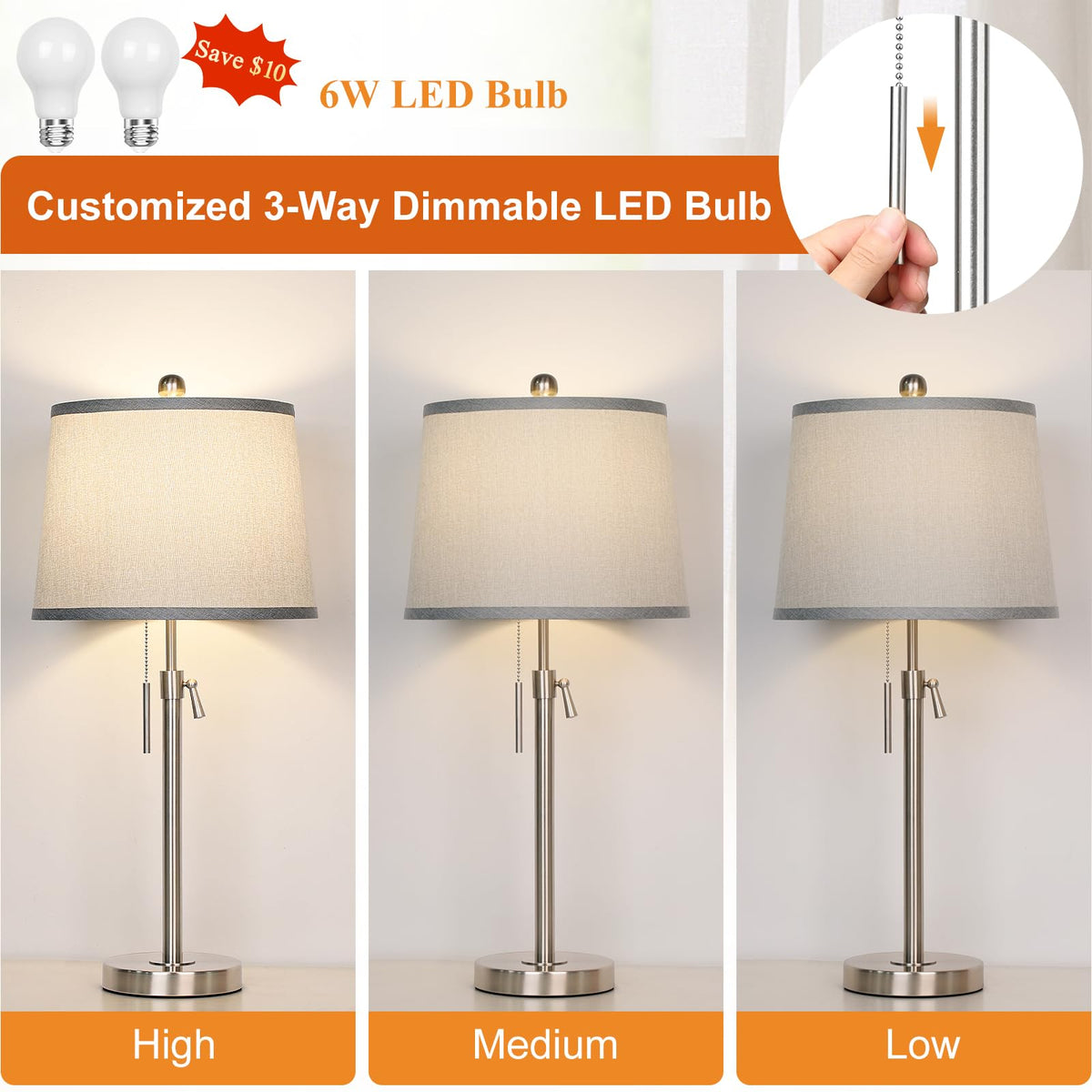 JUNNAI Table Lamps Set of 2, Bedside Lamp Silver Tall Table Lamps for Living Room End Tables, 22" to 30" Adjustable Height Lamp for Bedroom Nightstand Farmhouse with Pull Chain(Bulbs Included)