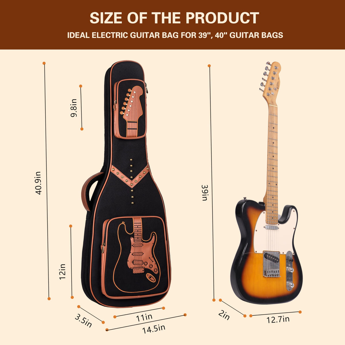 PPOPPO 39/40" Electric Guitar Bag 0.5" 300D Waterproof PU Punk Rivet Style