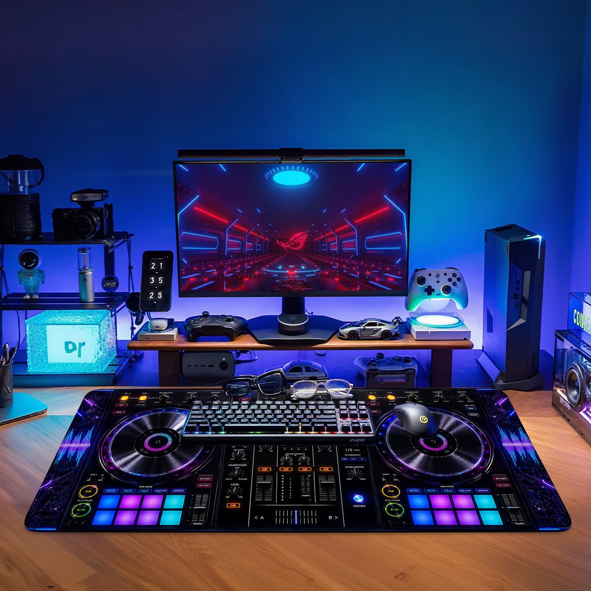 DJ Controller Gaming Mouse Pad 35.4 x 15.7 inch, Neon Music Mixer Desk Mat