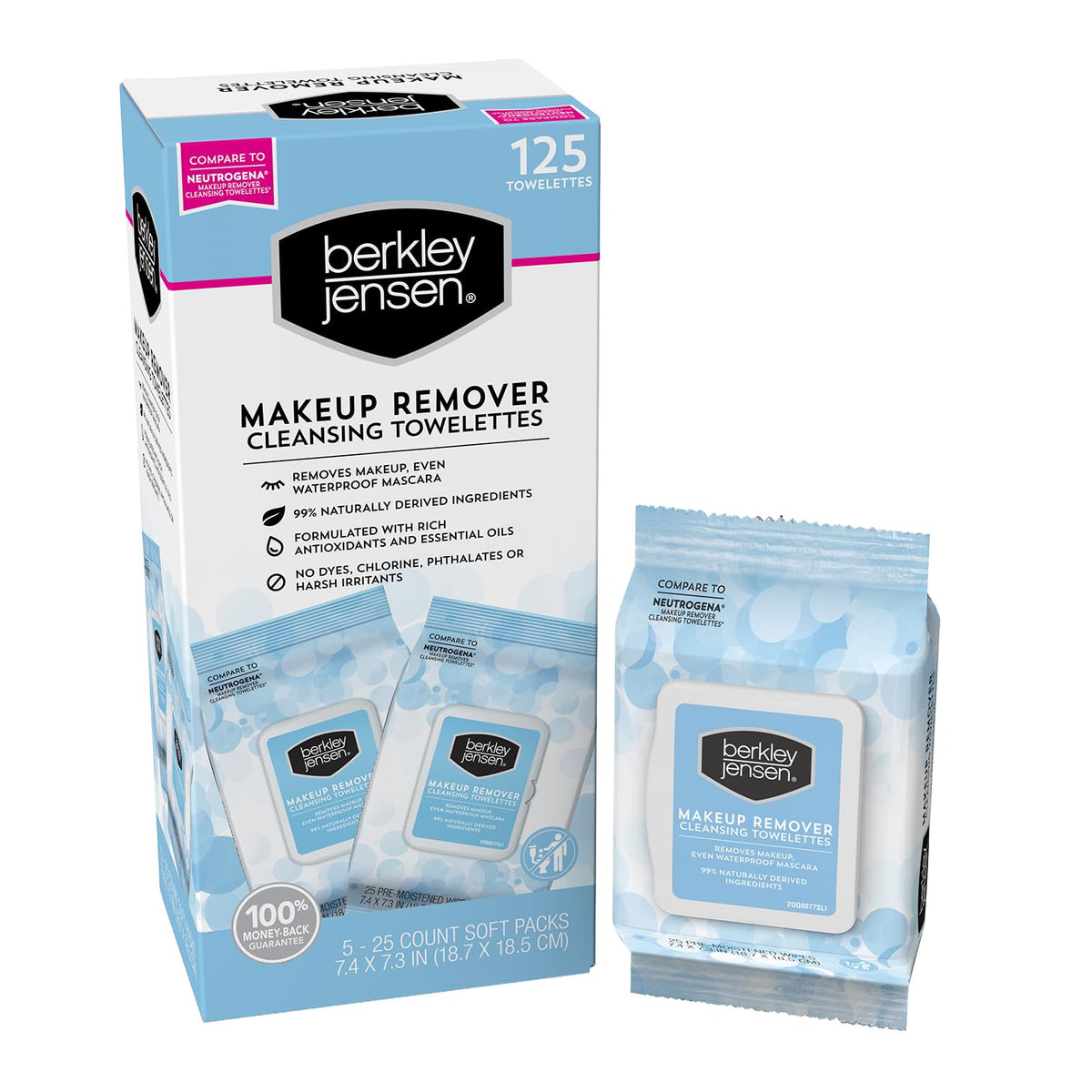 Berkley Jensen Makeup Remover Wipes, 125 Towelettes (Pack of 5, 25ct. Each) - Alcohol and Dye Free Makeup Remover - Waterproof Facial Cleansing Wipes - Hypoallergenic & Dermatologist-Tested Towelettes