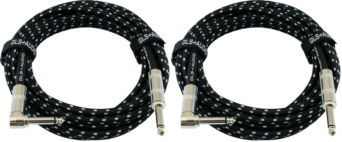 GLS Audio Instrument Cable - Amp Cord for Bass & Electric Guitar - Straight to Right Angle 1/4 Inch Instrument Cable - Black/Grey Braided Tweed, 20ft (Pack of 2)