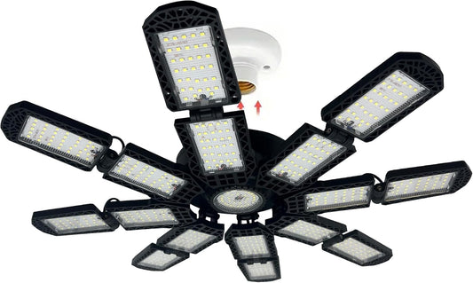 LED Garage Light,Super Bright Screw in E26/E27 Ceiling Shop Work Lamp, 350W 35000 Lumen Deformable Basement Bulb Fixture with 16+1 Adjustable Panels, Lighting for Workshop, Attic