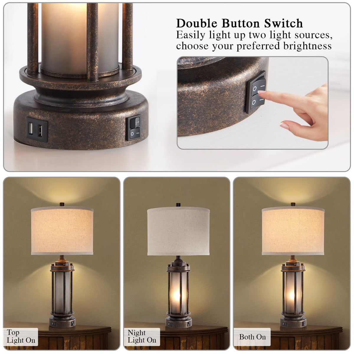 AIEAMPDO 25" Farmhouse Lamps for Living Room with 2 USB C+A Ports