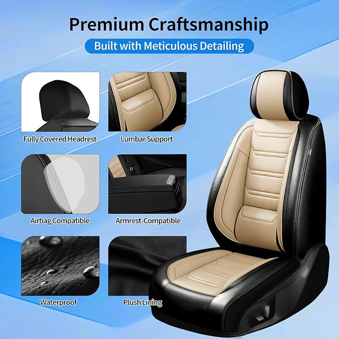 Car Seat Covers for Select Honda Fit 2007-2020, Premium Full Coverage Leather, Airbag Compatible& Scratch-Resistant, Waterproof & All Weather Breathable Seat Protector, Front Pair Black+Beige