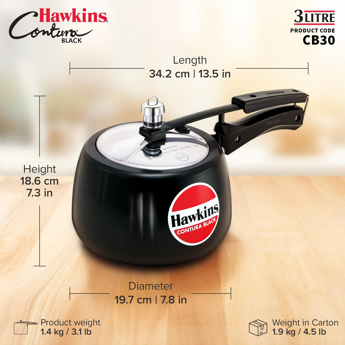 Hawkins 3 Litre Contura Black Pressure Cooker, Hard Anodised Inner Lid Cooker, Handi Cooker, Black (CB30)