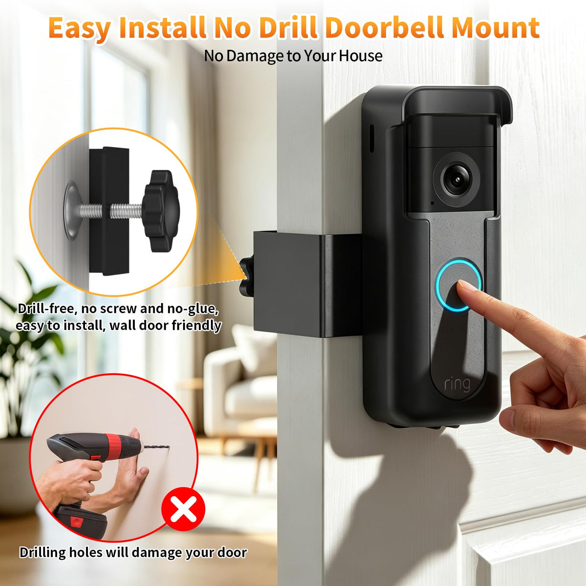 No-Drilling Anti-Theft Doorbell Mount for Ring Battery Doorbell/Plus/Pro 2nd Gen(2026 Newest Model), Doorbell Camera Mount for Apartment/Rental, Mounting Bracket Holder for Inward Swing Door, Black