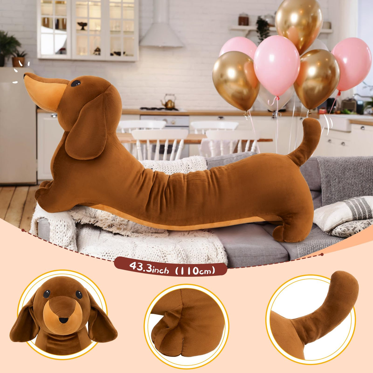 MorisMos Dachshund Stuffed Animal, 43'' Long Dachshund Body Pillow, Brown