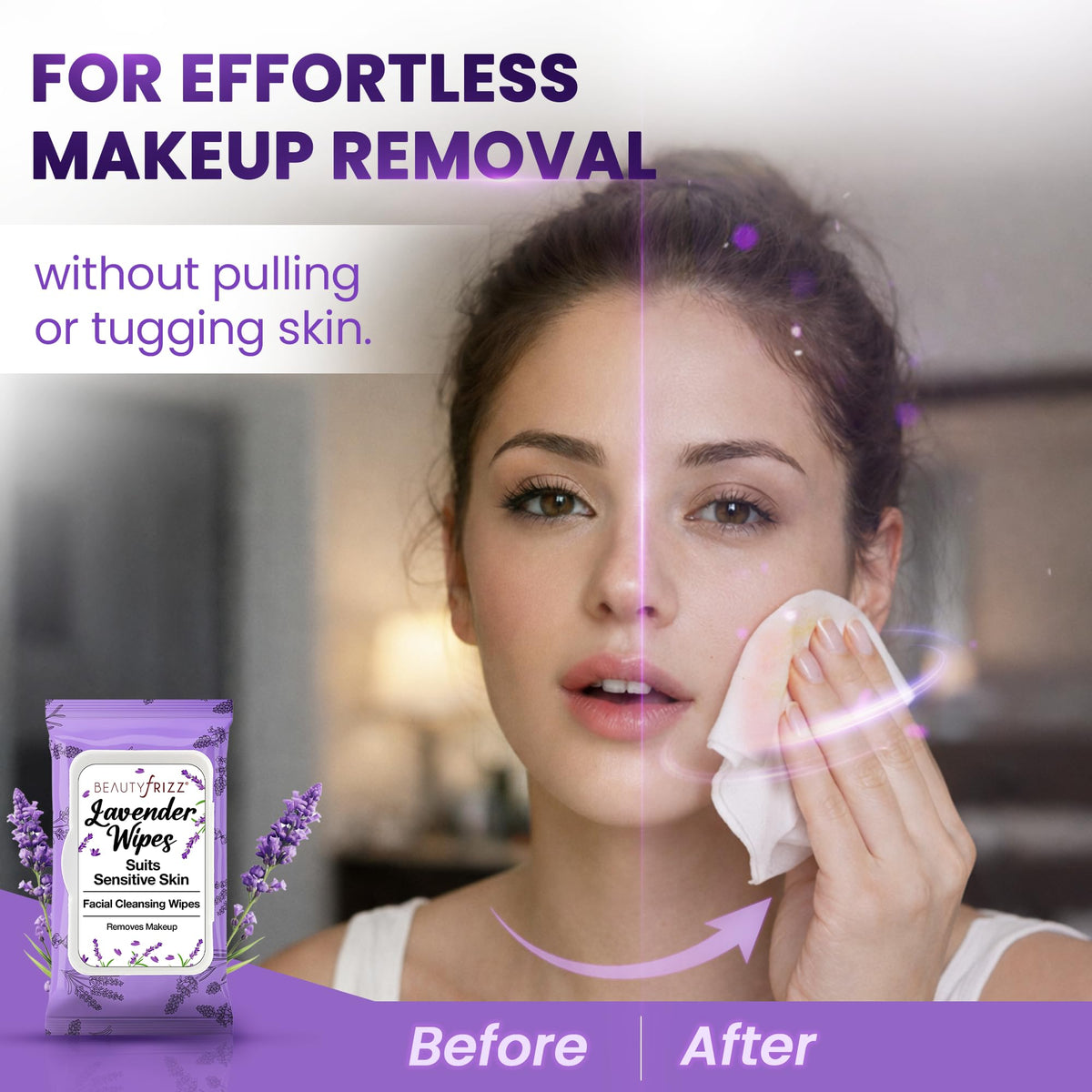 BeautyFrizz Lavender Face Wipes - No Rinse Makeup Remover - Extra Soft