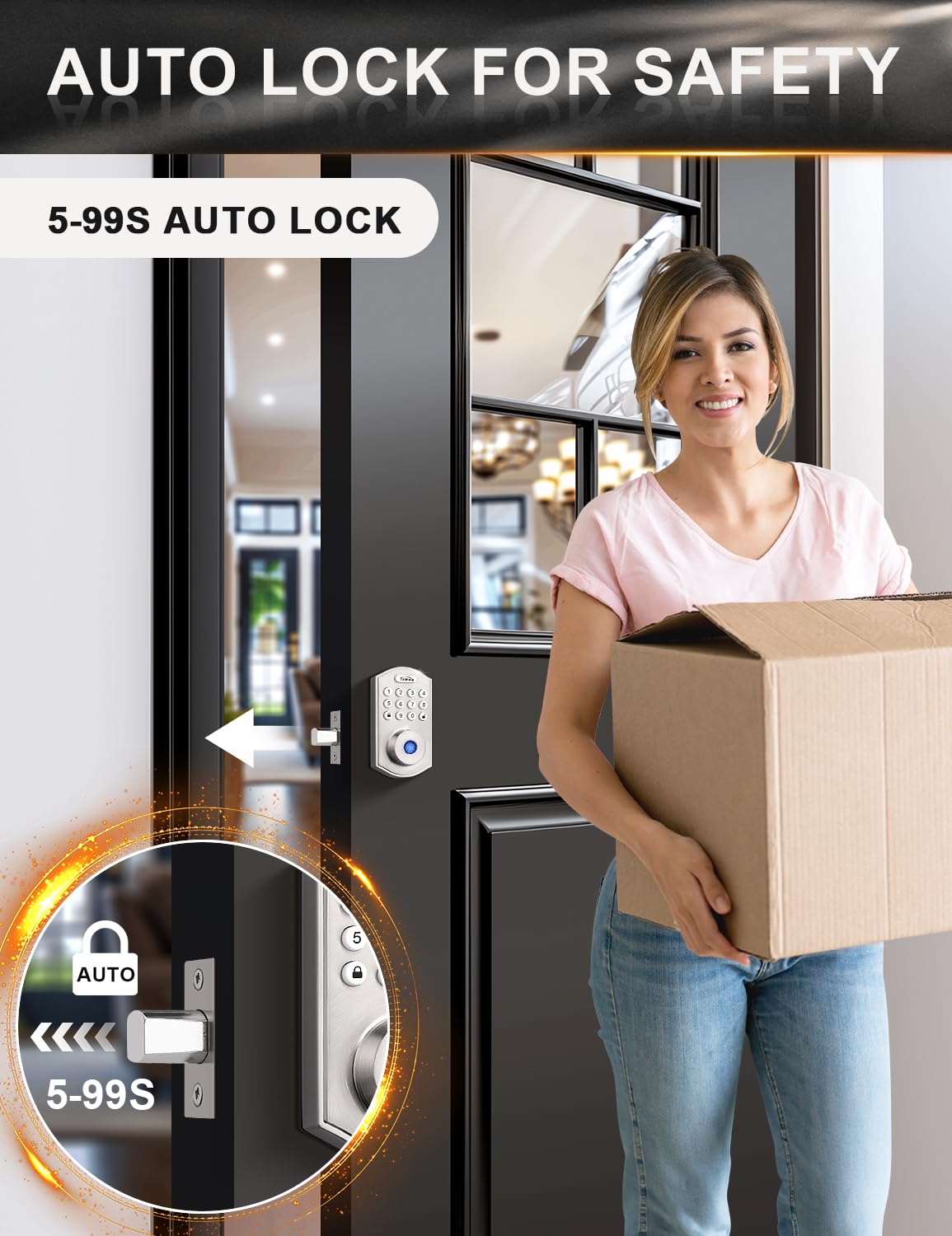 Tinewa Smart Locks for Front Door - Satin Nickel Keyless Entry Door Lock with Flat Ball Door Knobs, Electronic Digital Keypad Deadbolt with Fingerprint, APP Control, Easy Installation, Home Security
