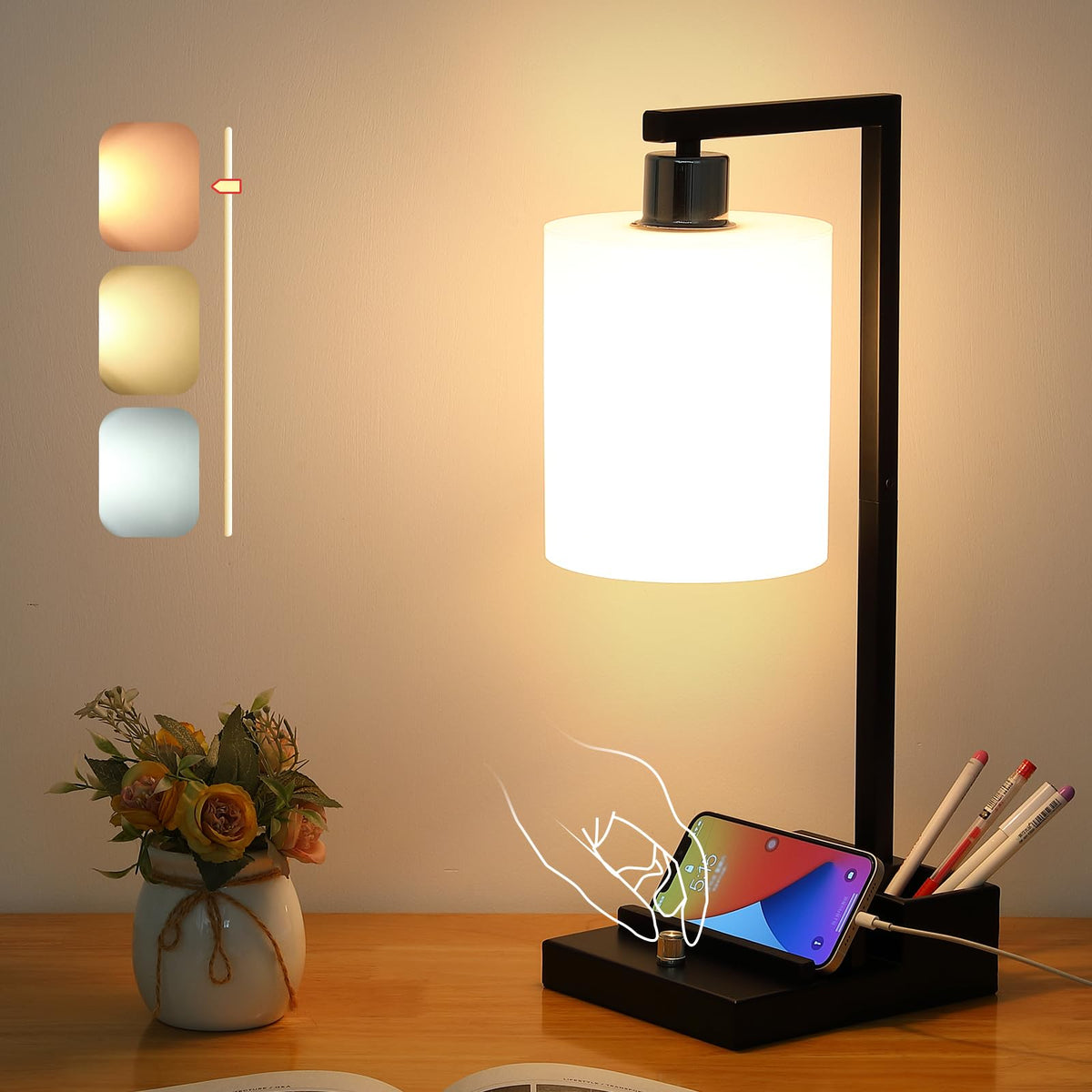 Bedroom Lamps for Nightstand, 3 Color Temperature Nightstand Lamp Bedside Lamps with Dual USB Ports and Outlet, Modern Table Lamp Built-in Pen Holder & Phone Stands, Energy Saving LED Bulb Included