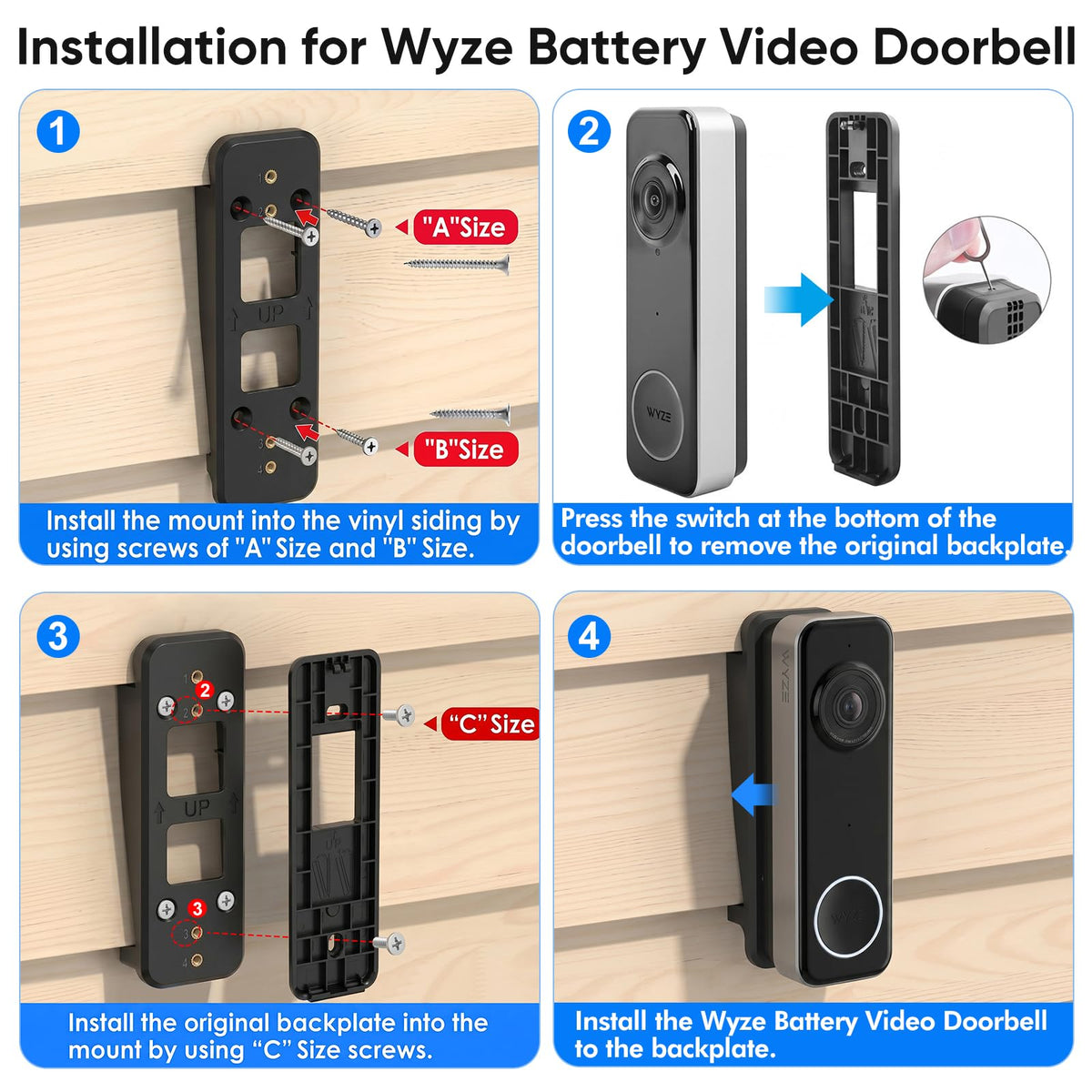 Vinyl Siding Mount for Wyze Doorbell Camera, Adjustable Angle Doorbell Wedge Corner Mounting Bracket Kit for Wyze Duo Cam Video Doorbell, Solve Siding Tilt Problem (4" Standard Vinyl Siding Only)