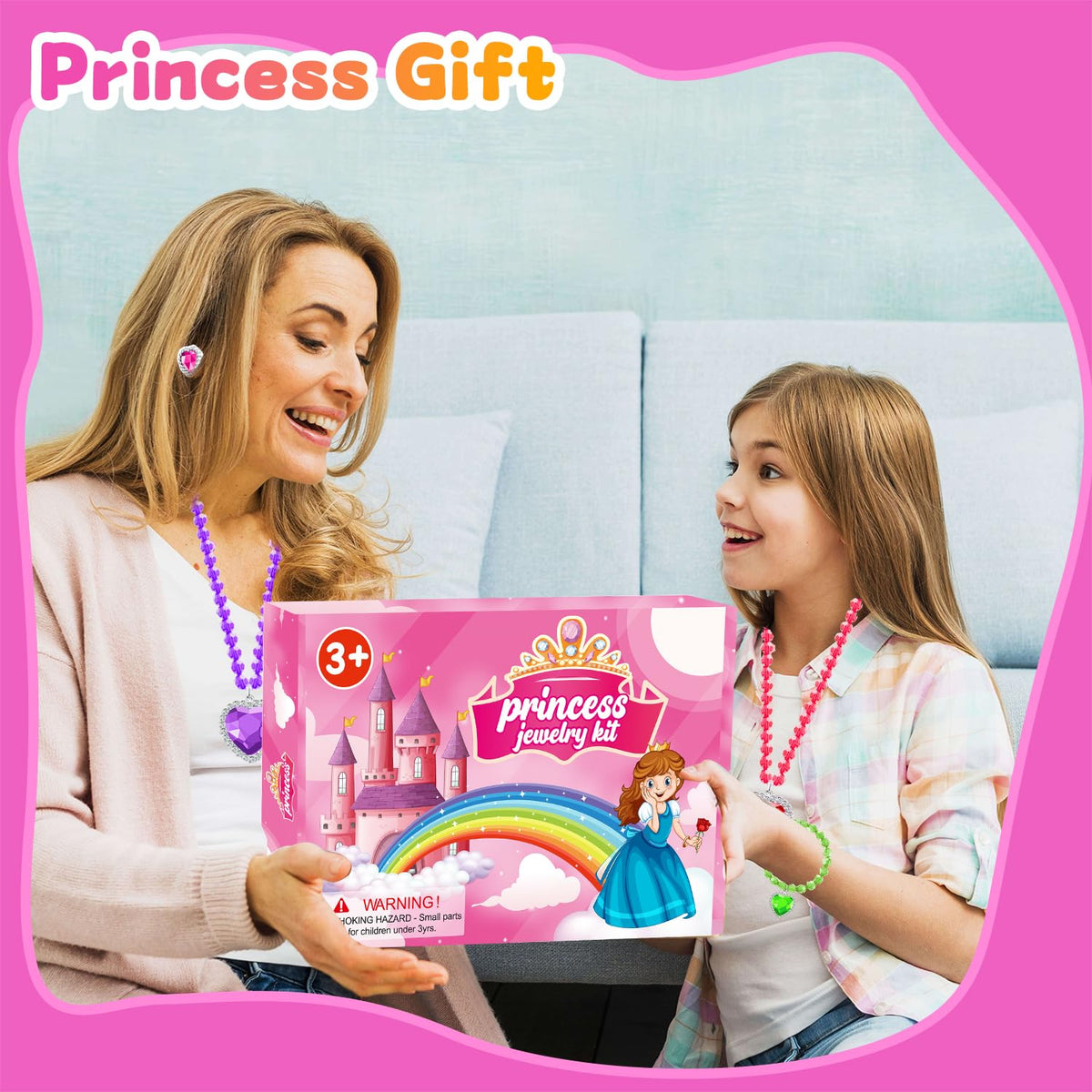 DIZRNOI Princess Jewelry Set for Girls with Colorful Necklace Bracelets Rings Earrings Birthday Gifts Party Favors Pretend Play Dress up Costume Friendship Jewelry for Toddler Girls (Heart)