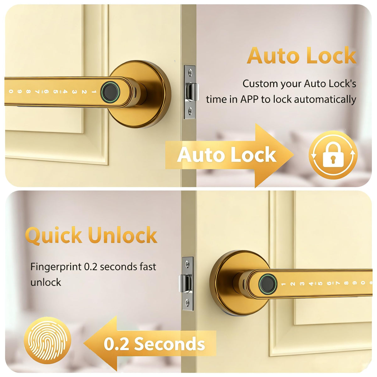 Smart Fingerprint Door Lock Keyless Entry Door Lock for Front Door -Gold