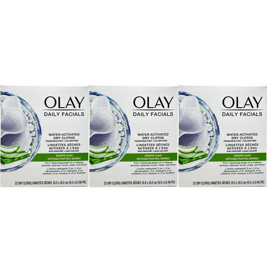OLAY Daily Gentle Clean 5-in-1 Water Activated Cloths, 33 Count (Pack of 3)