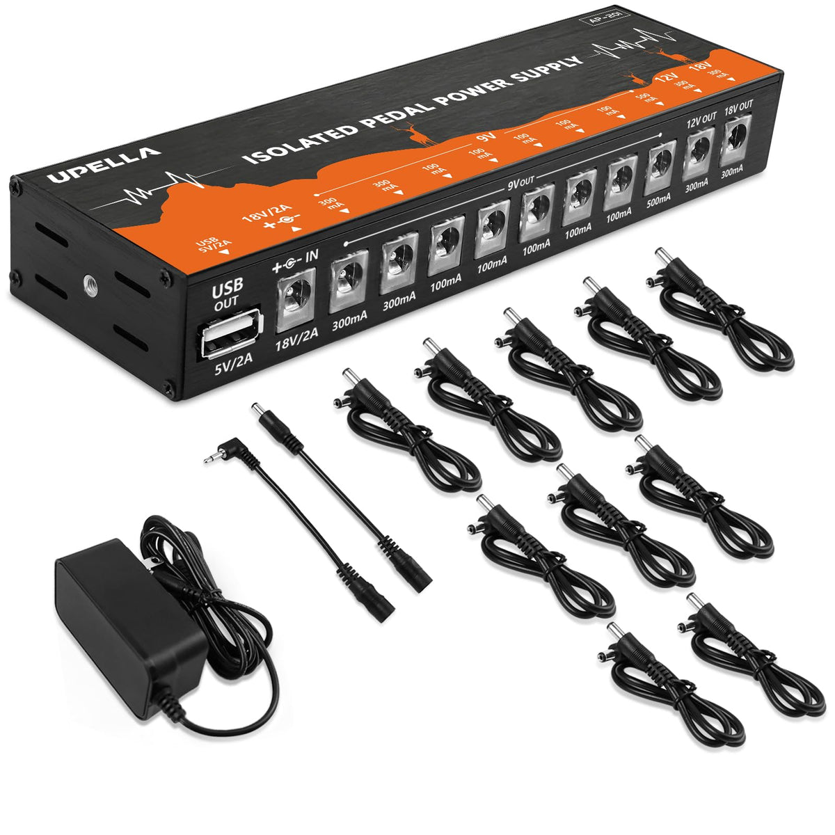 UPELLA AP-201 Guitar Pedal Power Supply, True Isolated Pedal Power Supply with USB Port, 10 Ports, Independent Guitar Pedal Power DC Output 9V/12V/18V for Effect Pedal