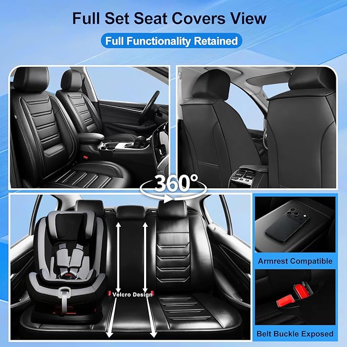 Fit Civic Car Seat Covers (2 Row 5 Seats) for Select Honda Civic 2020-2026 Sedan(Not for Coupe) - Premium Full Coverage Leather, Waterproof All Weather Breathable Seat Cushion Protector, Black