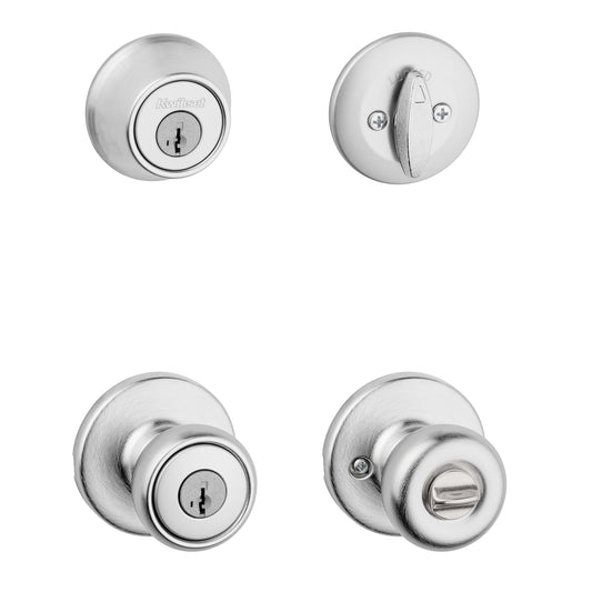 Kwikset Tylo Front Door Lock Handle and Deadbolt Set, Entry Handleset Exterior with Interior Door Knob, Satin Chrome, Pick Resistant SmartKey Rekey Deadbolt Security