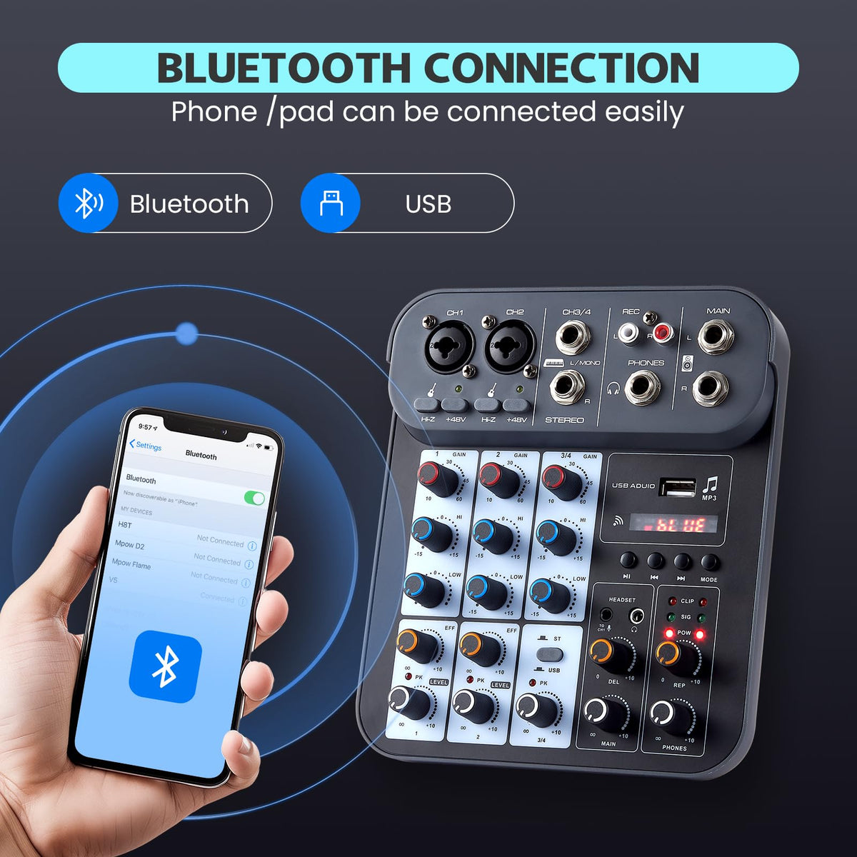 Boeska 4 Channel DJ Audio Mixer, DJ Mixers Sound Board, Sound Mixer Board XLR 1/4" Interface, BT USB MP3 Computer Input 48V Phantom Power Stereo Karaoke DJ Studio Streaming KTV Stage