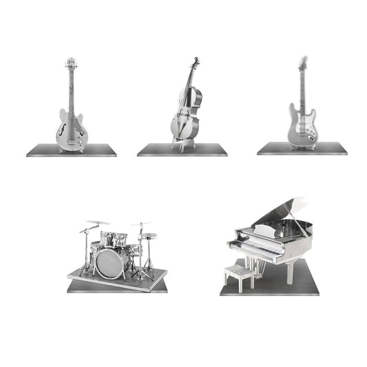 Fascinations Metal Earth Instrument 3D Metal Model Kit Set - Grand Piano, Bass Fiddle, Drum Set, Electric Bass Guitar, Electric Lead Guitar