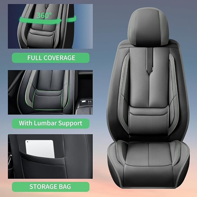 Fit Insight Car Seat Covers for Honda Insight 2010-2021 2022-Upgraded Premium Waterproof & Breathable Leather,Airbag Compatible,All-Weather Seat Cushion Protector,Full Set,Black-Grey