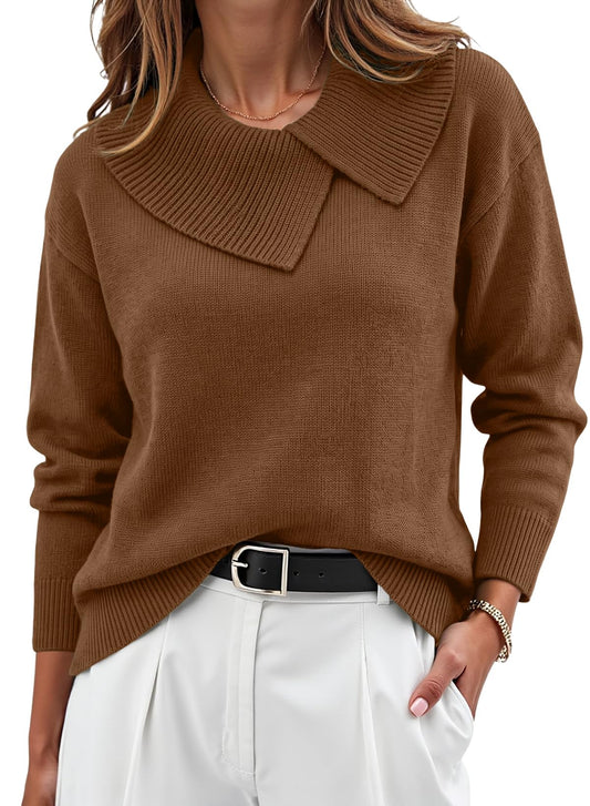 Dokotoo Women's Sweaters Early Fall Fashion Long Sleeve Asymmetrical Lapel Collar Solid Color Ribbed Knitted Ladies Elegant Casual Loose Cozy Warm Pullover Sweater Tops Winter Clothes Brown Medium