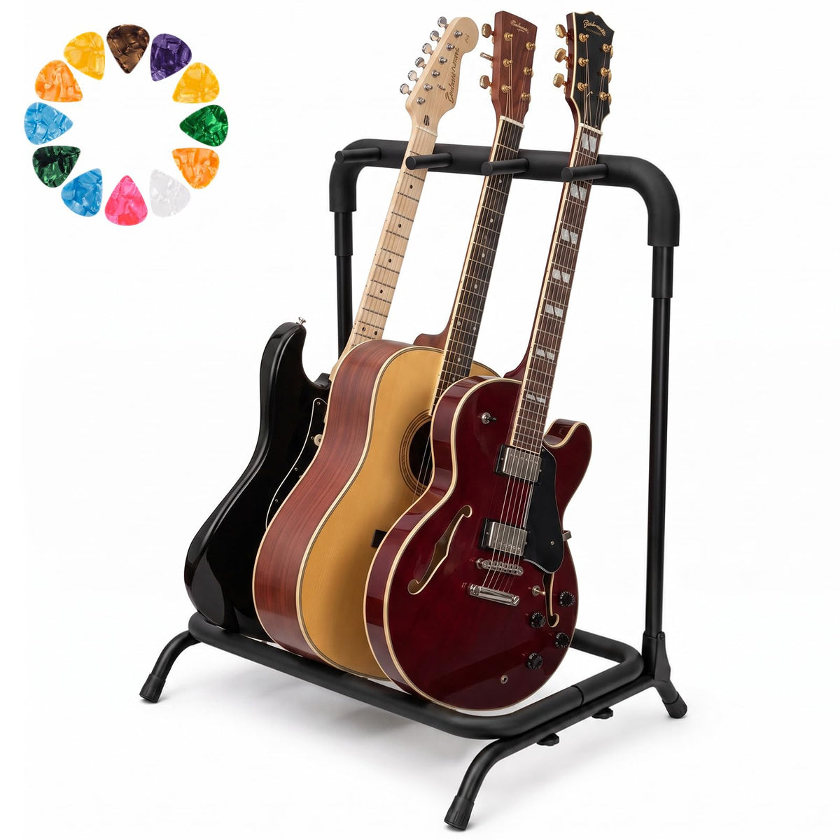 Tipatyard 3 Multi Guitar Stand Rack with 12 Guitar Picks - Foldable Multi Guitar Rack with Guitar Picks in 4 Thicknesses - Universal Guitar Holder for 5 Guitars - Ideal for Acoustic Guitar, Electric Guitar, Bass