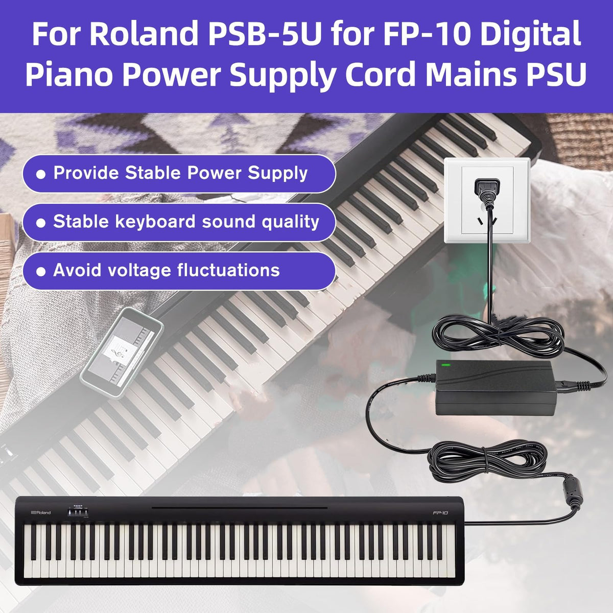 12V Adapter Charger for Roland PSB-5U for FP-10 Digital Piano Power Supply