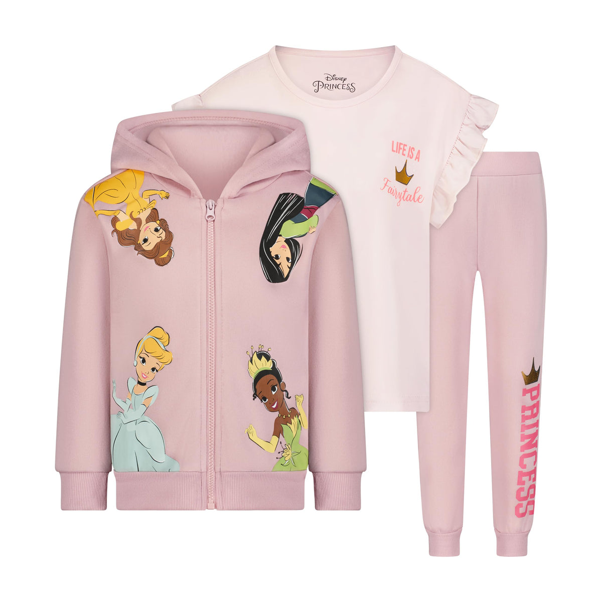 Disney Princess Girls Hoodie T-Shirt and Pants 3 Pc Set for Little Kids