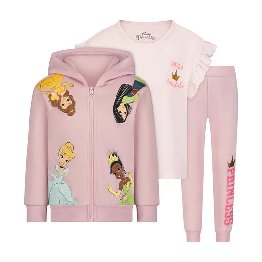 Disney Princess Girls Hoodie T-Shirt and Pants 3 Pc Set for Little Kids